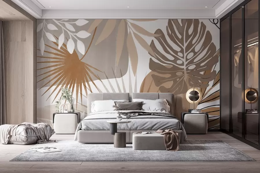 wall murals Апстрактни дизајн са разним тропским листовима и земљаним тоновима браон, беж и крем  w08738