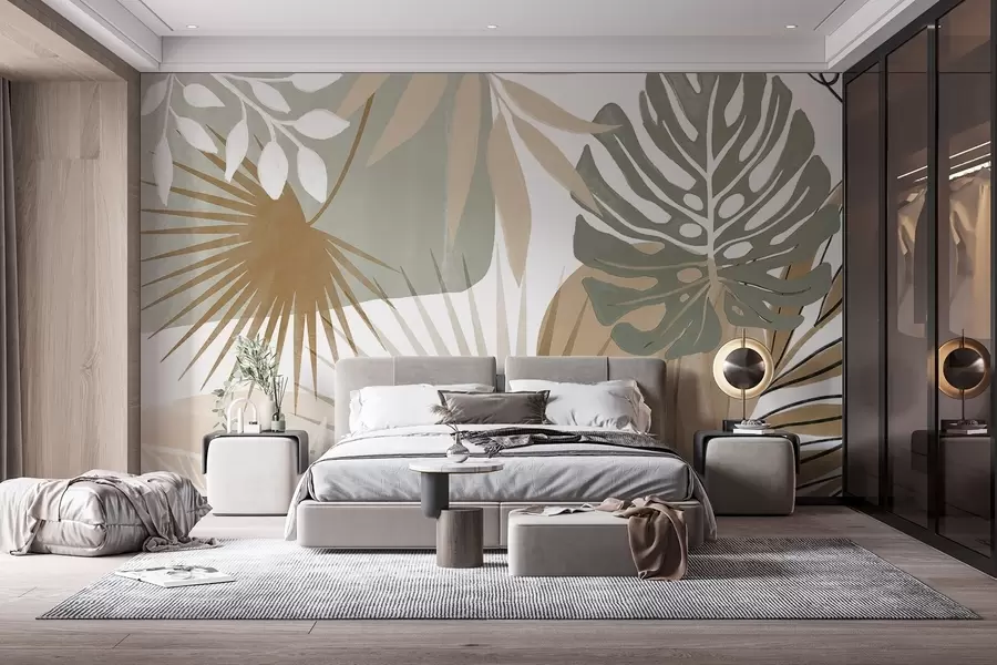 wall murals Апстрактни дизајн са разним тропским листовима и земљаним тоновима зелене, беж и крем  w08738v1