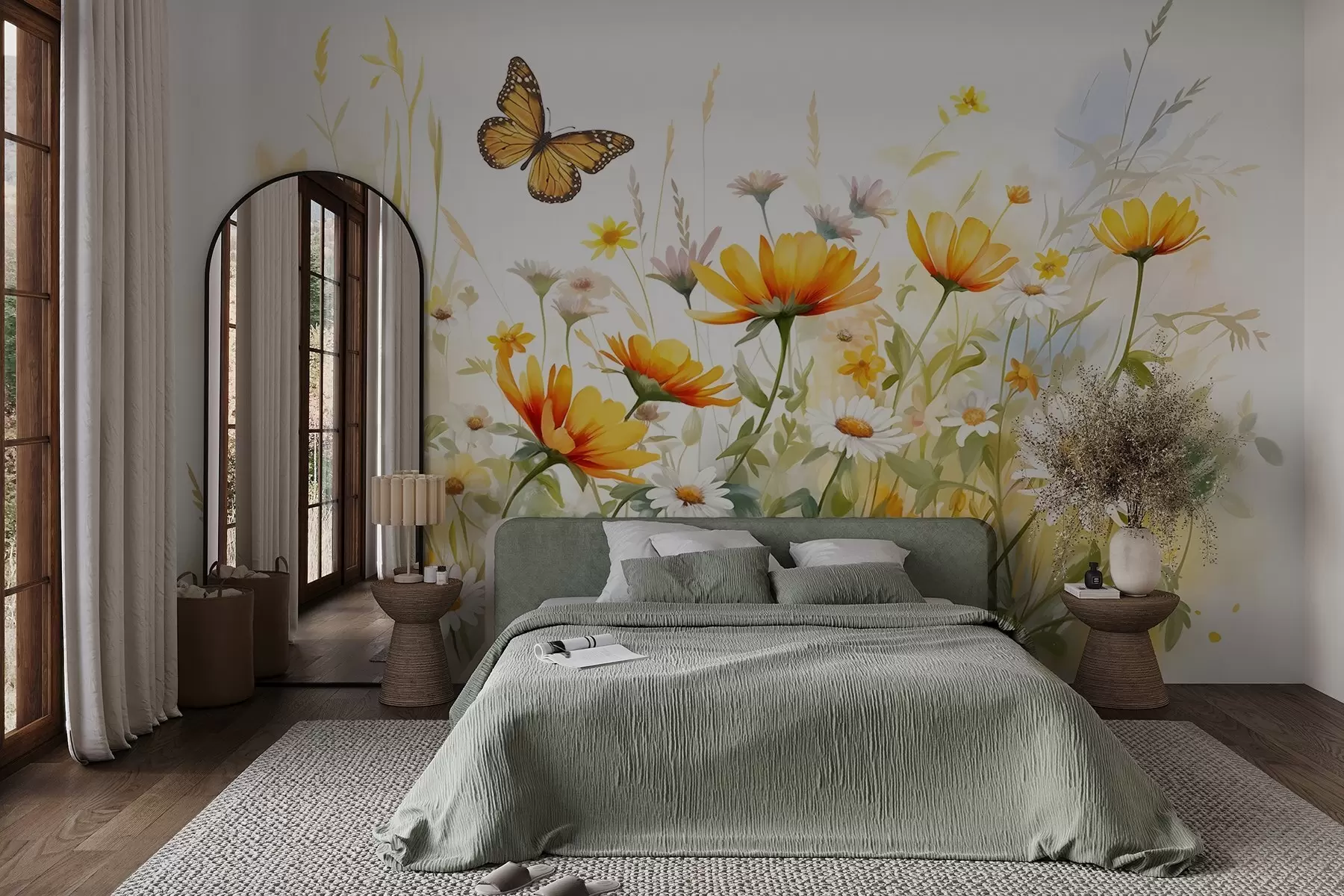 wall murals Живо поље цвећа налик акварелу са наранџастим и жутим цветовима са лептиром изнад цвећа w08739