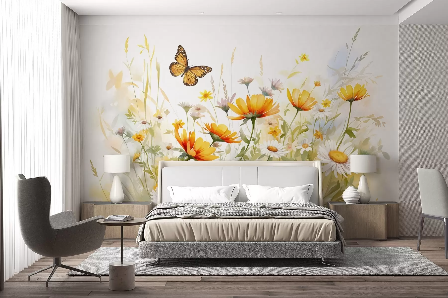 wall murals Живо поље цвећа налик акварелу са наранџастим и жутим цветовима са лептиром изнад цвећа w08739