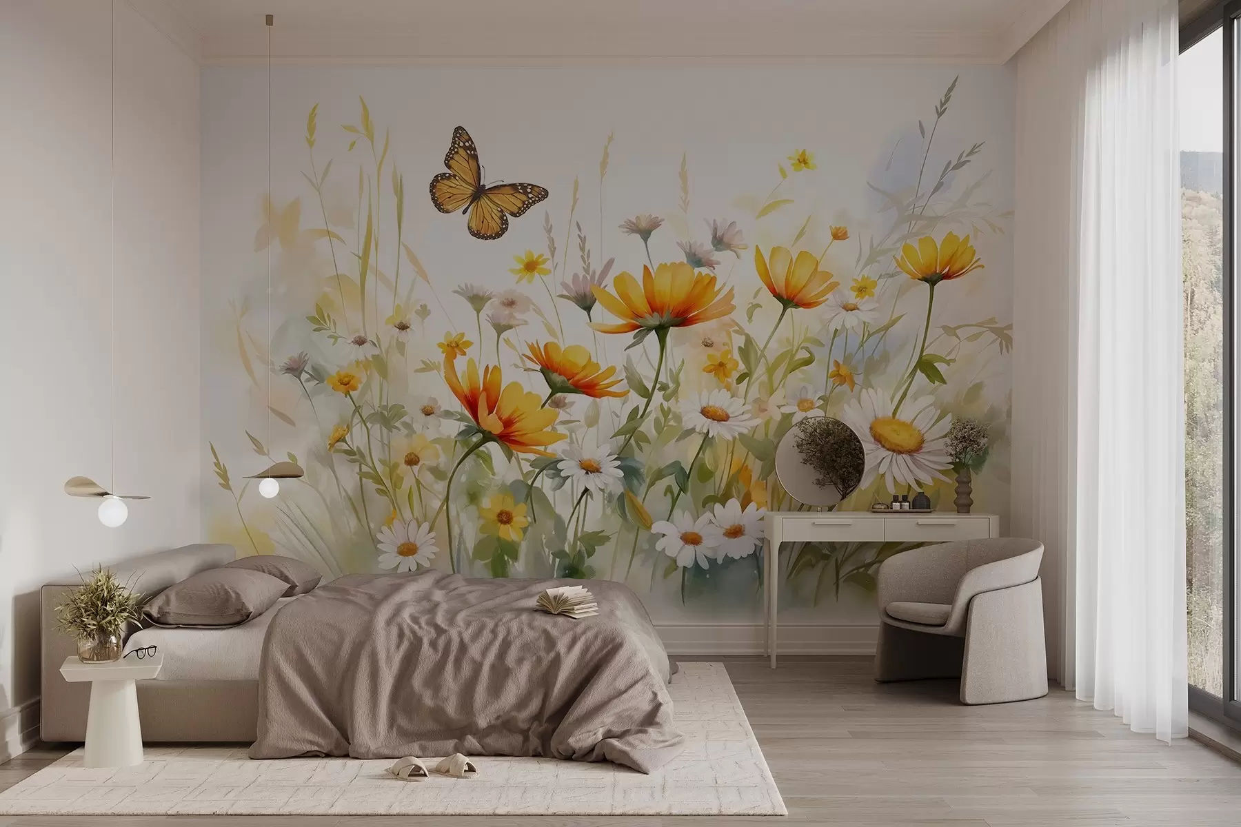 wall murals Живо поље цвећа налик акварелу са наранџастим и жутим цветовима са лептиром изнад цвећа w08739