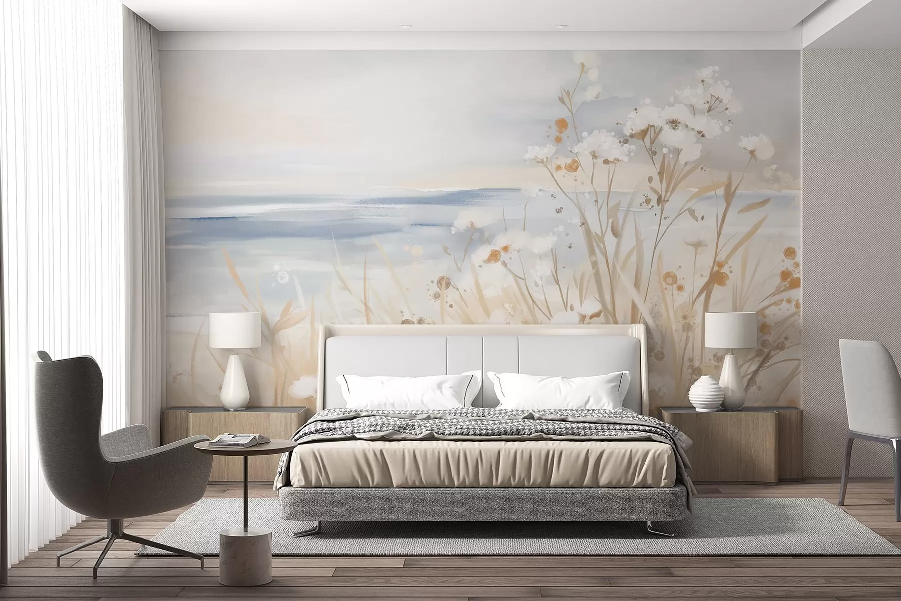 wall murals Бело апстрактно цвеће са деликатним стабљикама у трави, на мекој, пригушеној позадини мирног мора и неба  w08740