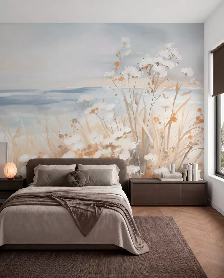 wall murals Бело апстрактно цвеће са деликатним стабљикама у трави, на мекој, пригушеној позадини мирног мора и неба  w08740