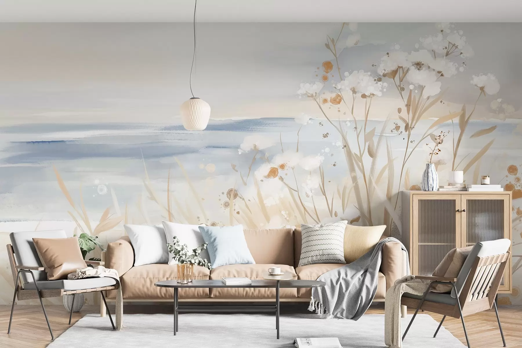 wall murals Бело апстрактно цвеће са деликатним стабљикама у трави, на мекој, пригушеној позадини мирног мора и неба  w08740