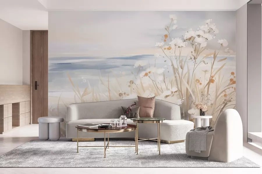 wall murals Бело апстрактно цвеће са деликатним стабљикама у трави, на мекој, пригушеној позадини мирног мора и неба  w08740