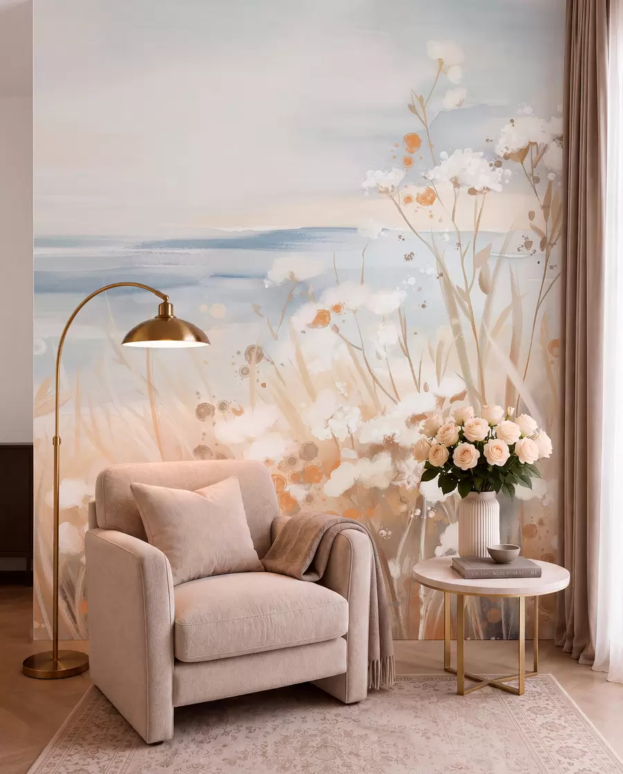wall murals Бело апстрактно цвеће са деликатним стабљикама у трави, на мекој, пригушеној позадини мирног мора и неба  w08740