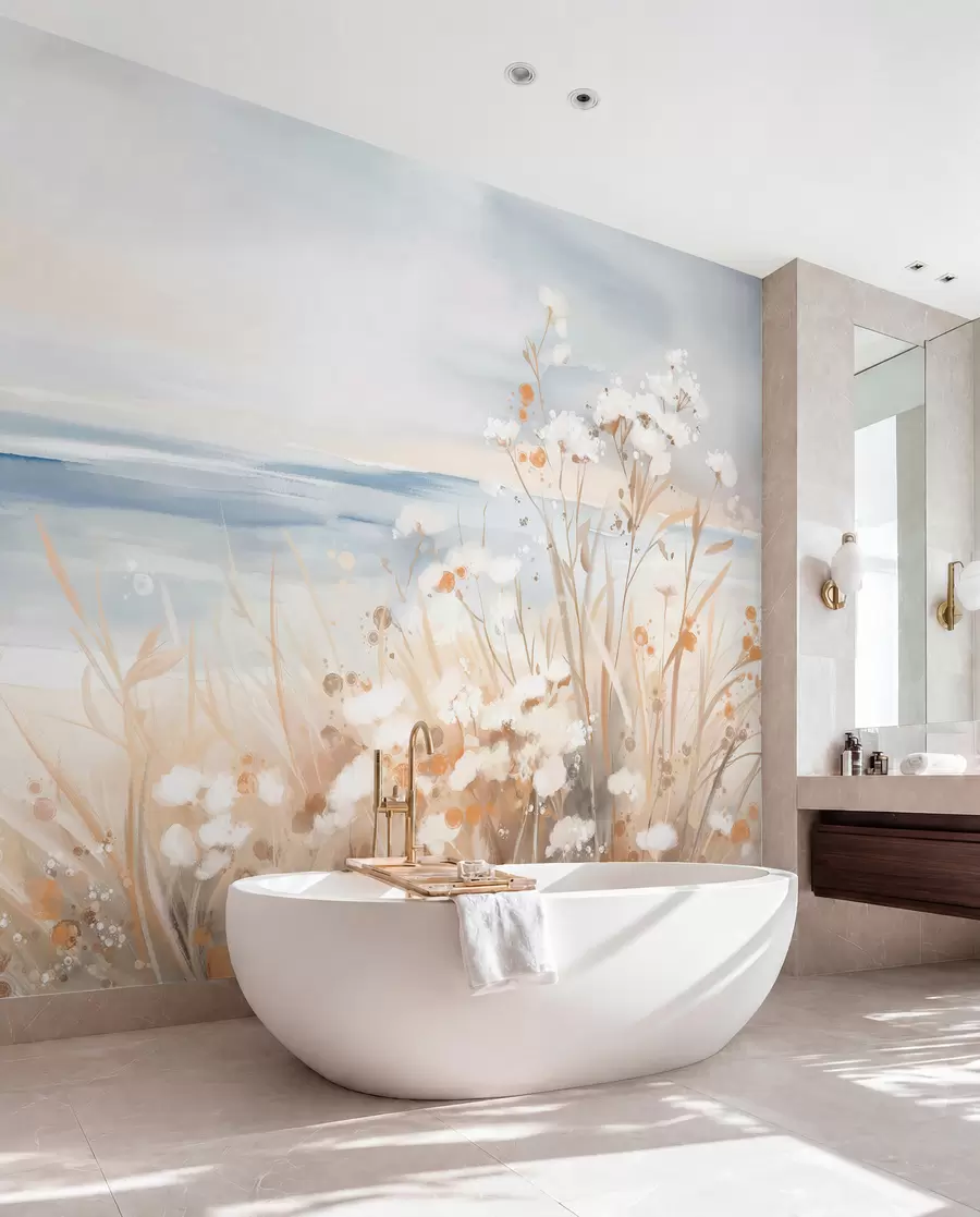 wall murals Бело апстрактно цвеће са деликатним стабљикама у трави, на мекој, пригушеној позадини мирног мора и неба  w08740