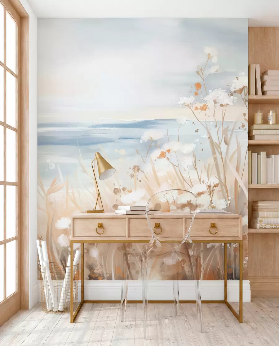 wall murals Бело апстрактно цвеће са деликатним стабљикама у трави, на мекој, пригушеној позадини мирног мора и неба  w08740