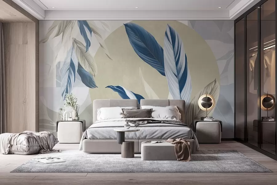 wall murals Модерна и апстрактна геометријска текстурна композиција са детаљним листовима у нијансама плаве, беж и беле w08741