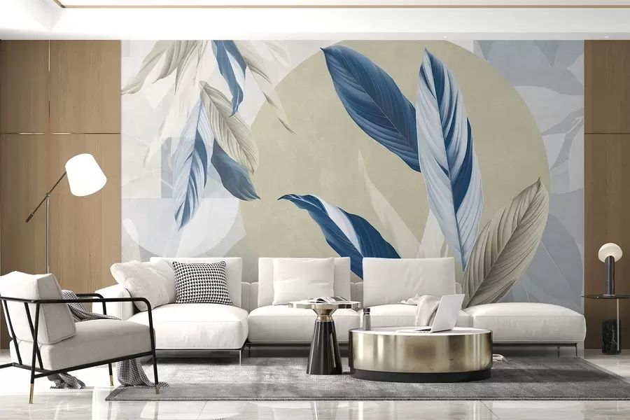 wall murals Модерна и апстрактна геометријска текстурна композиција са детаљним листовима у нијансама плаве, беж и беле w08741