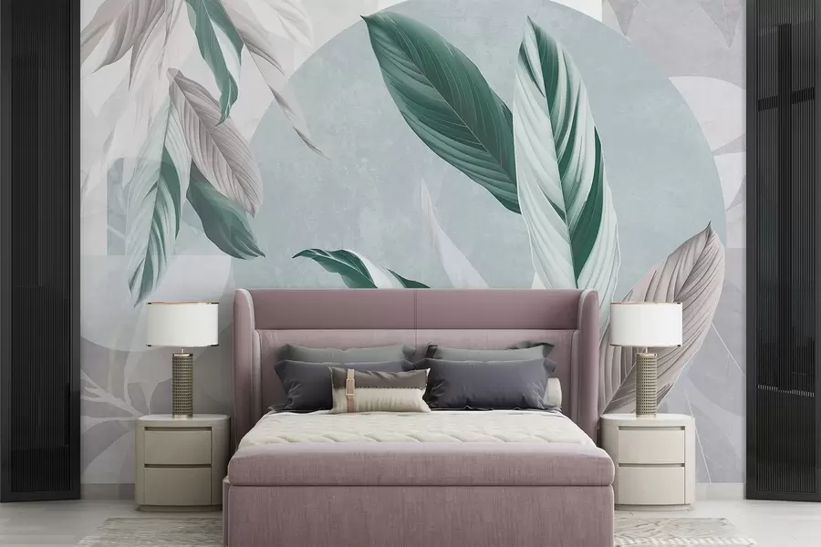 wall murals Модерна и апстрактна геометријска текстурна композиција са детаљним листовима у нијансама зелене, светлољубичасте и беле w08741v1