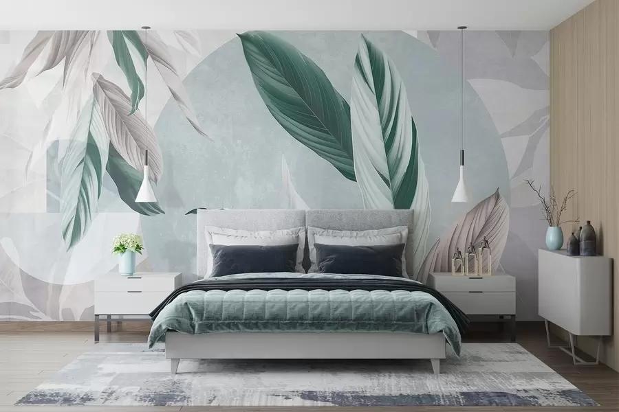 wall murals Модерна и апстрактна геометријска текстурна композиција са детаљним листовима у нијансама зелене, светлољубичасте и беле w08741v1