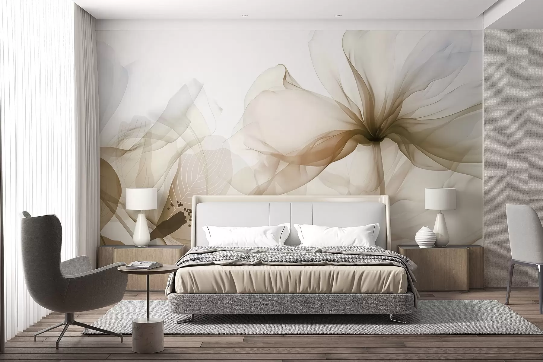 wall murals Смеђе апстрактно цвеће са меким, прозирним лепршавим латицама и деликатним детаљима, на белој позадини w08742v1