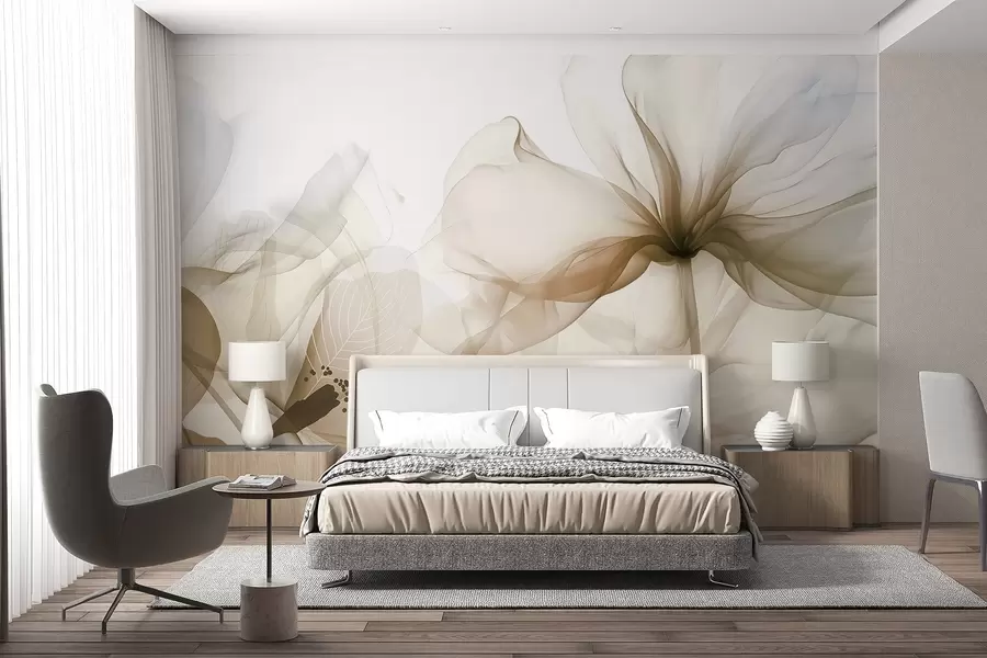 wall murals Смеђе апстрактно цвеће са меким, прозирним лепршавим латицама и деликатним детаљима, на белој позадини w08742v1