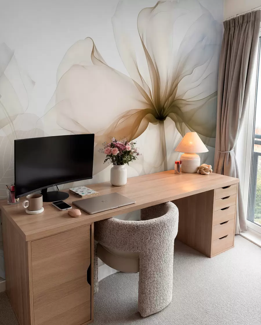 wall murals Смеђе апстрактно цвеће са меким, прозирним лепршавим латицама и деликатним детаљима, на белој позадини w08742v1