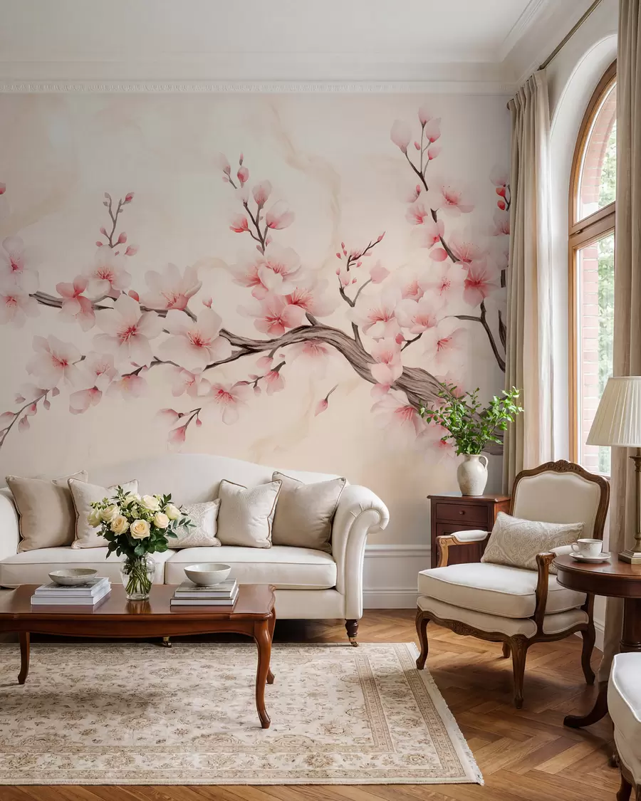 wall murals Нежна грана цвета трешње са меким ружичастим цветовима на светлој позадини w03079