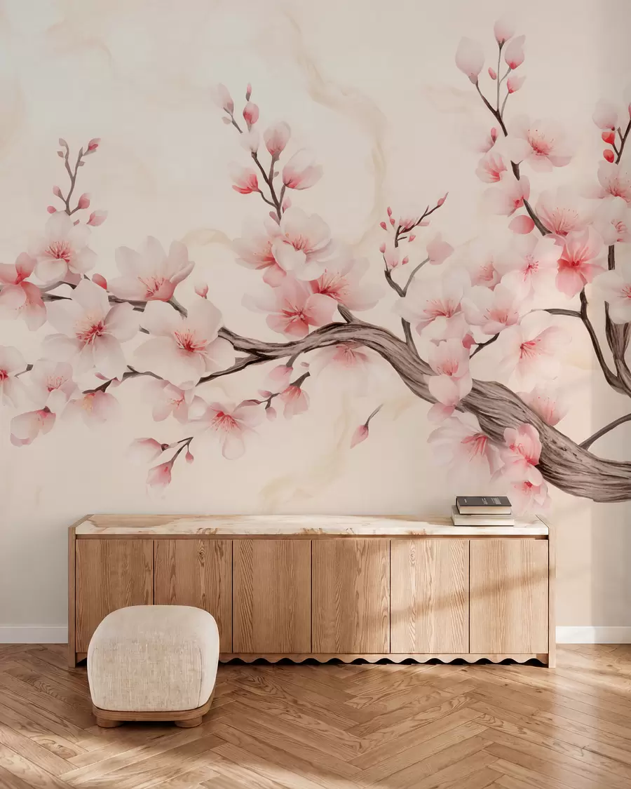 wall murals Нежна грана цвета трешње са меким ружичастим цветовима на светлој позадини w03079