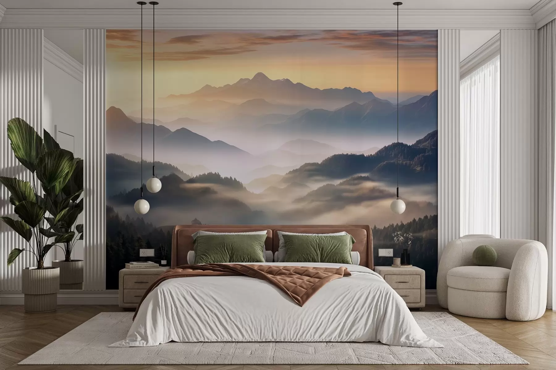 wall murals Спокојан планински пејзаж у зору, са меком маглом која обавија борове w08748