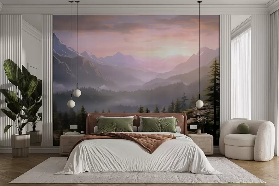 wall murals Спокојан планински пејзаж у зору са меком маглом на шумској позадини w08750