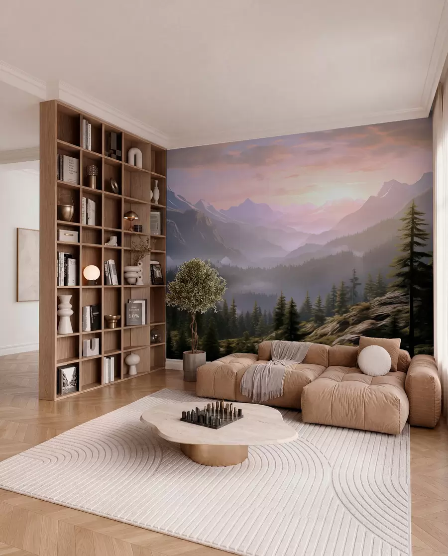 wall murals Спокојан планински пејзаж у зору са меком маглом на шумској позадини w08750
