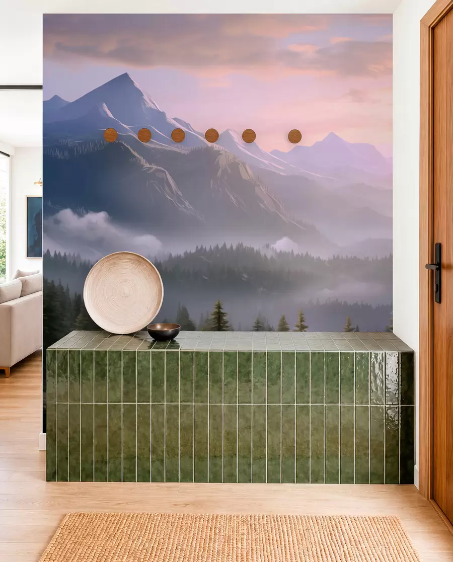 wall murals Спокојан планински пејзаж у зору са меком маглом на шумској позадини w08750