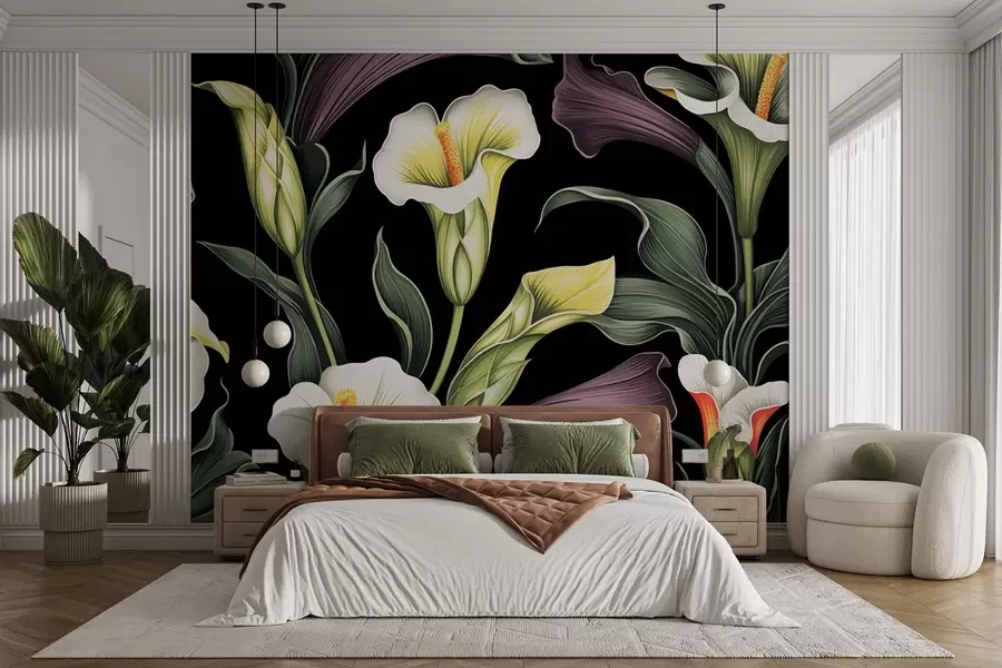 wall murals Бело-зелене и љубичасте кала на црној позадини w08752