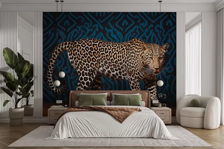 wall murals Леопард на позадини са плавим узорком w08754