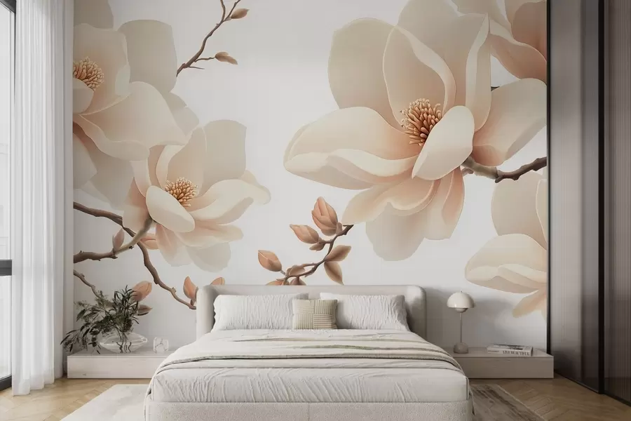 wall murals Гране магнолије крем боје на белој позадини w08755