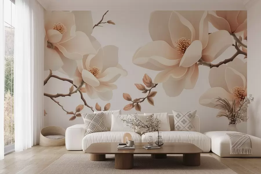 wall murals Гране магнолије крем боје на белој позадини w08755