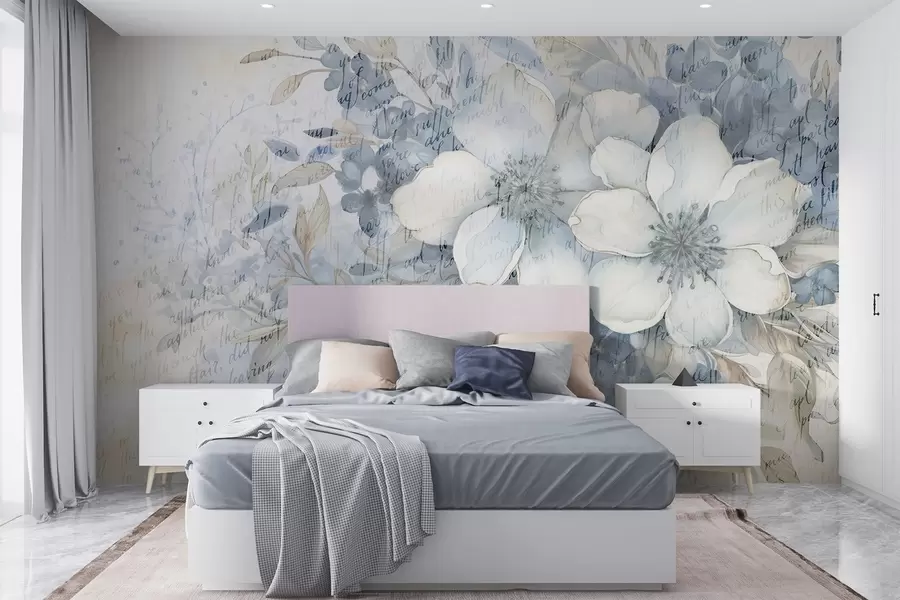 wall murals Имитација меког зида са текстурираним белим и плавим цвећем, на бледој позадини са слабим руком писаним текстом w08771