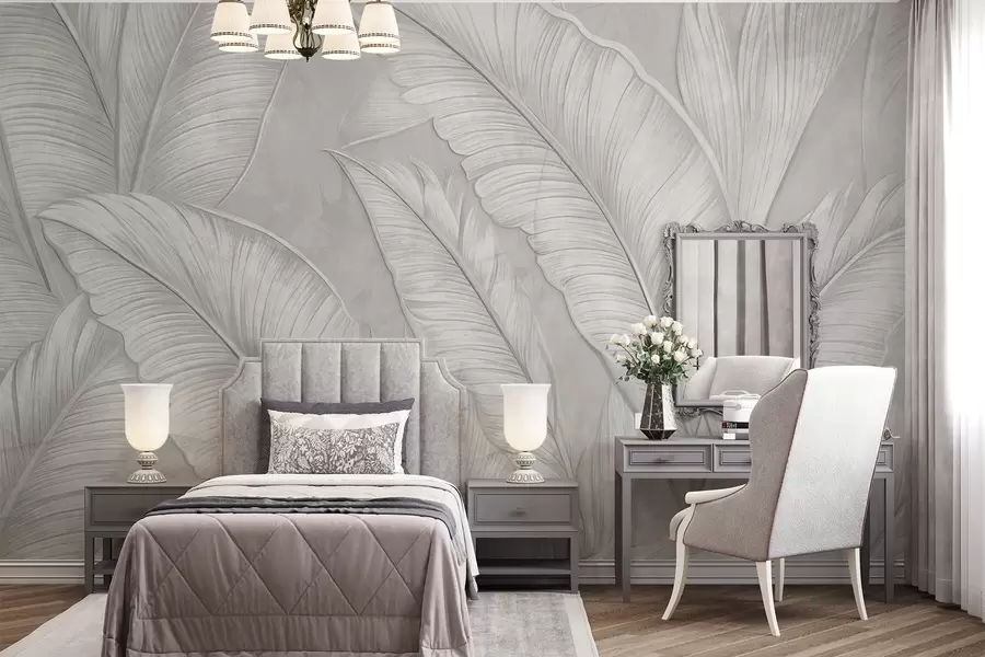 wall murals Велики тропски листови високе текстуре са детаљима у монохроматској светлосивој боји у стилу поткровља  w08772