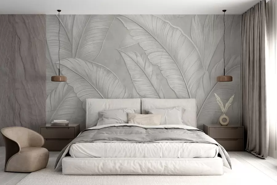 wall murals Велики тропски листови високе текстуре са детаљима у монохроматској светлосивој боји у стилу поткровља  w08772