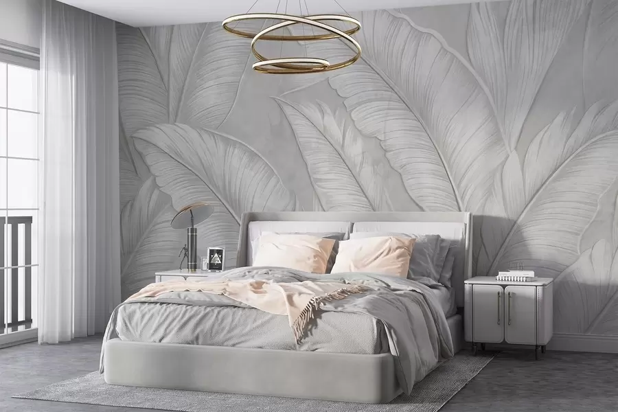 wall murals Велики тропски листови високе текстуре са детаљима у монохроматској светлосивој боји у стилу поткровља  w08772