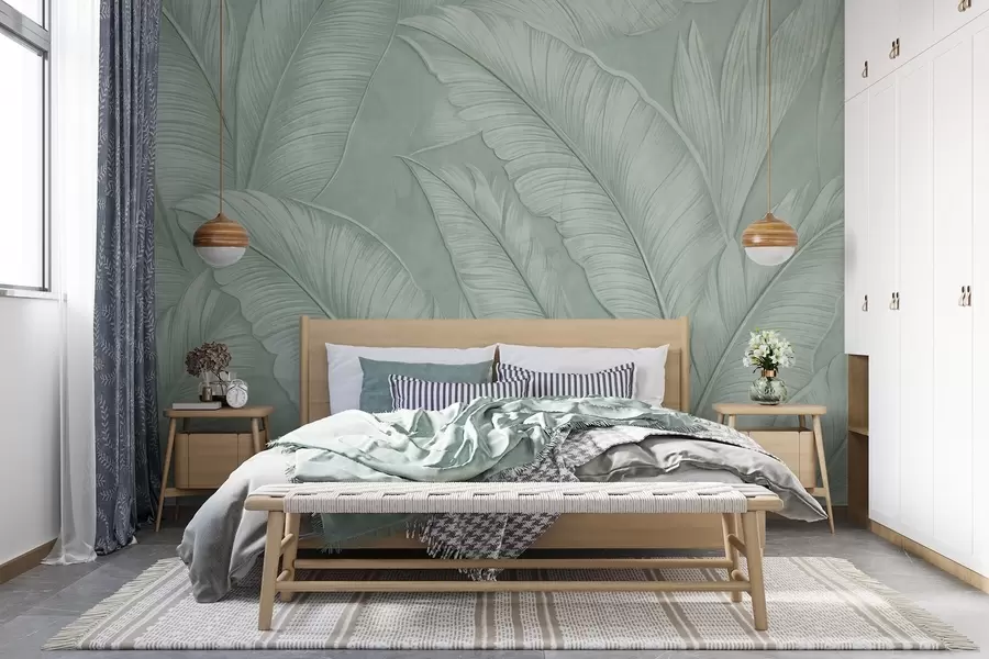 wall murals Високо текстурирани детаљни велики тропски листови у монохроматској зеленој боји у стилу поткровља  w08772v1