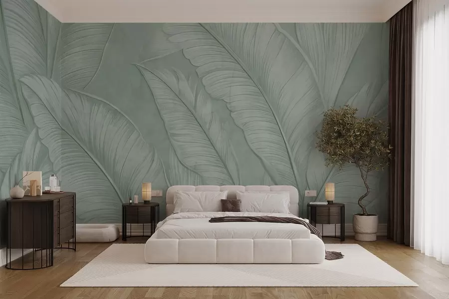 wall murals Високо текстурирани детаљни велики тропски листови у монохроматској зеленој боји у стилу поткровља  w08772v1