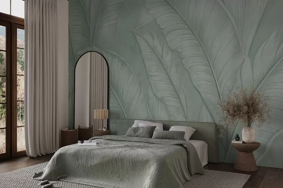 wall murals Високо текстурирани детаљни велики тропски листови у монохроматској зеленој боји у стилу поткровља  w08772v1