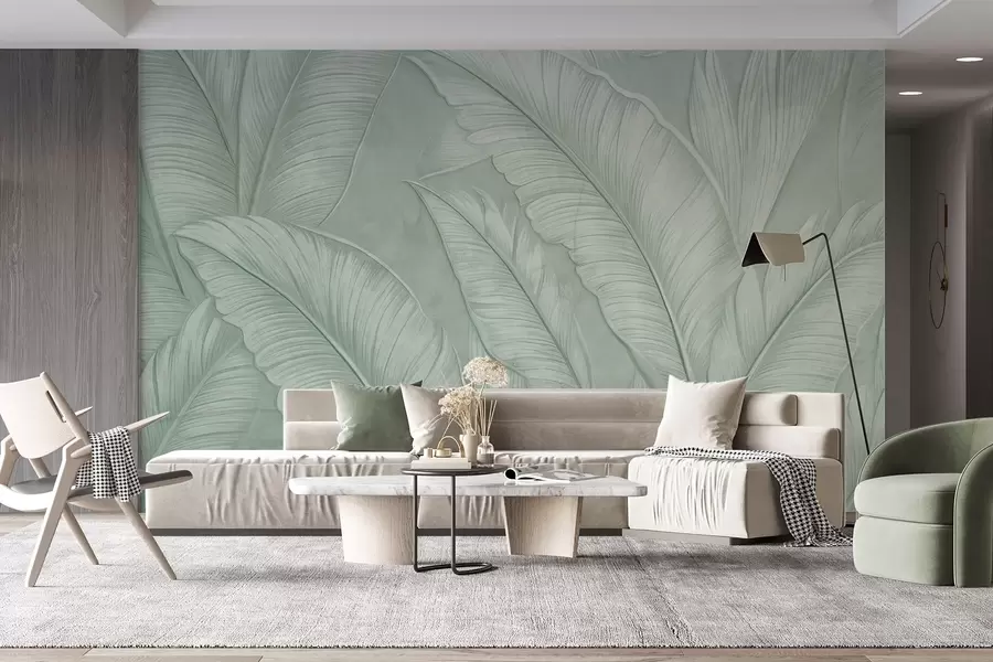wall murals Високо текстурирани детаљни велики тропски листови у монохроматској зеленој боји у стилу поткровља  w08772v1
