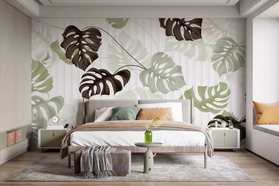 wall murals Листови монстере у нијансама зелене, беле и тамно браон боје, на светлој позадини пругасте текстуре w08773