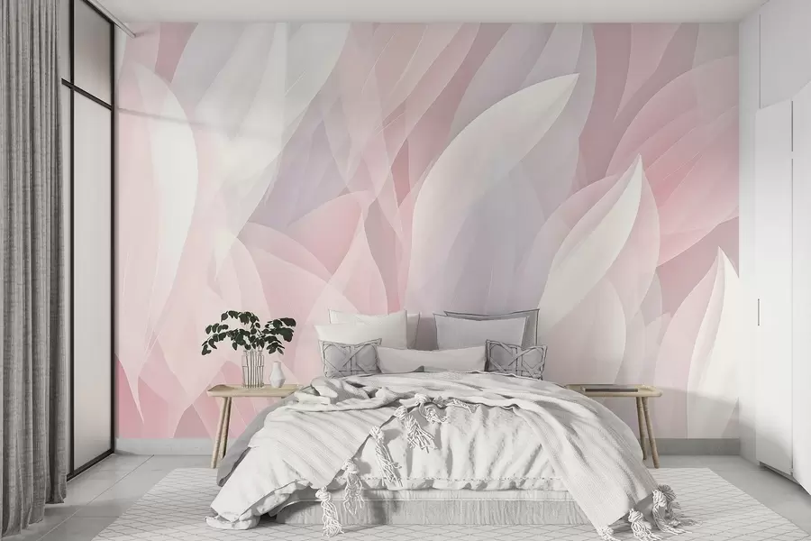 wall murals Апстрактни дизајн са меким облицима налик на латице у нијансама ружичасте и беле, стварајући слојевит ефекат w08774