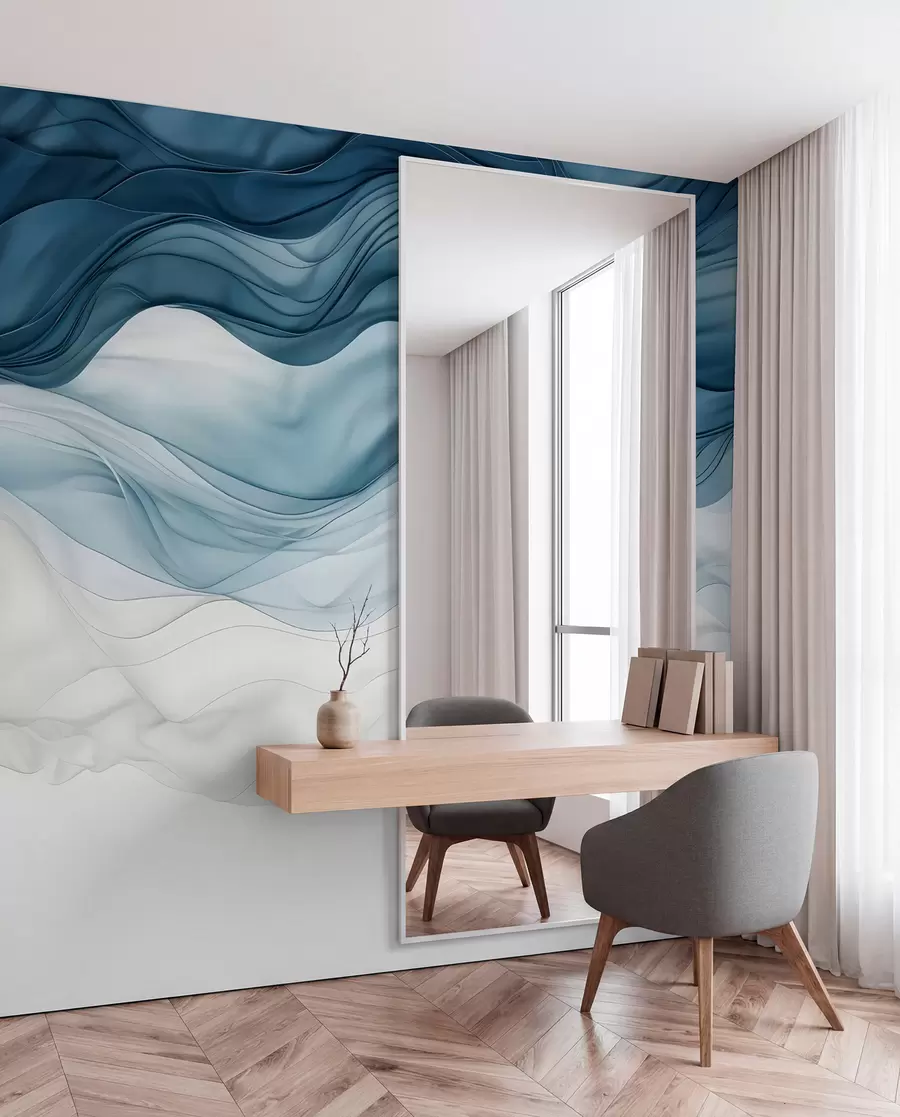 wall murals Текући таласи провидних текстура у нијансама тамно плаве, светлоплаве и беле на светлој позадини  w08775