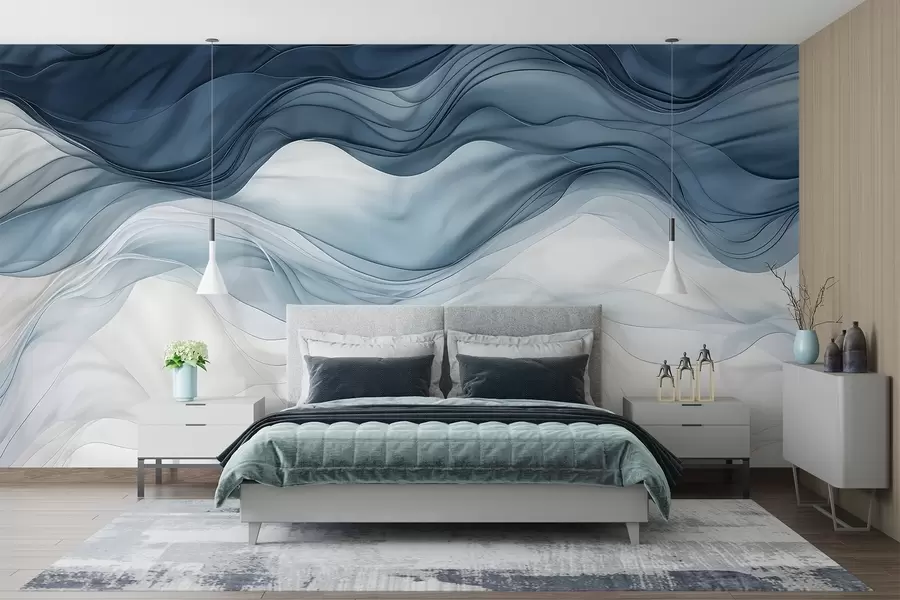 wall murals Текући таласи провидних текстура у нијансама тамно плаве, светлоплаве и беле на светлој позадини  w08775