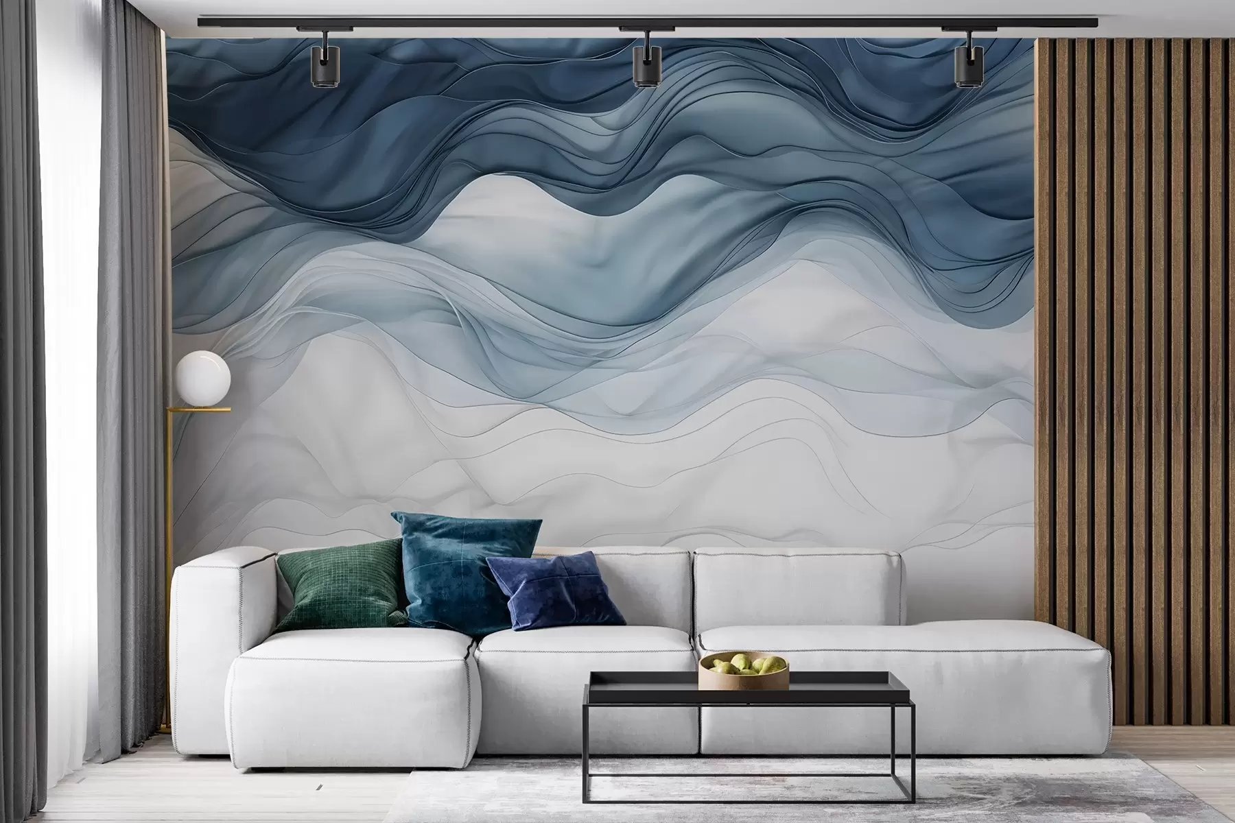 wall murals Текући таласи провидних текстура у нијансама тамно плаве, светлоплаве и беле на светлој позадини  w08775