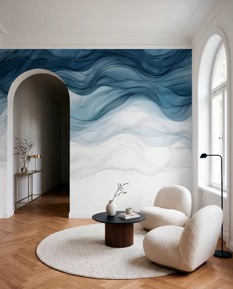 wall murals Текући таласи провидних текстура у нијансама тамно плаве, светлоплаве и беле на светлој позадини  w08775