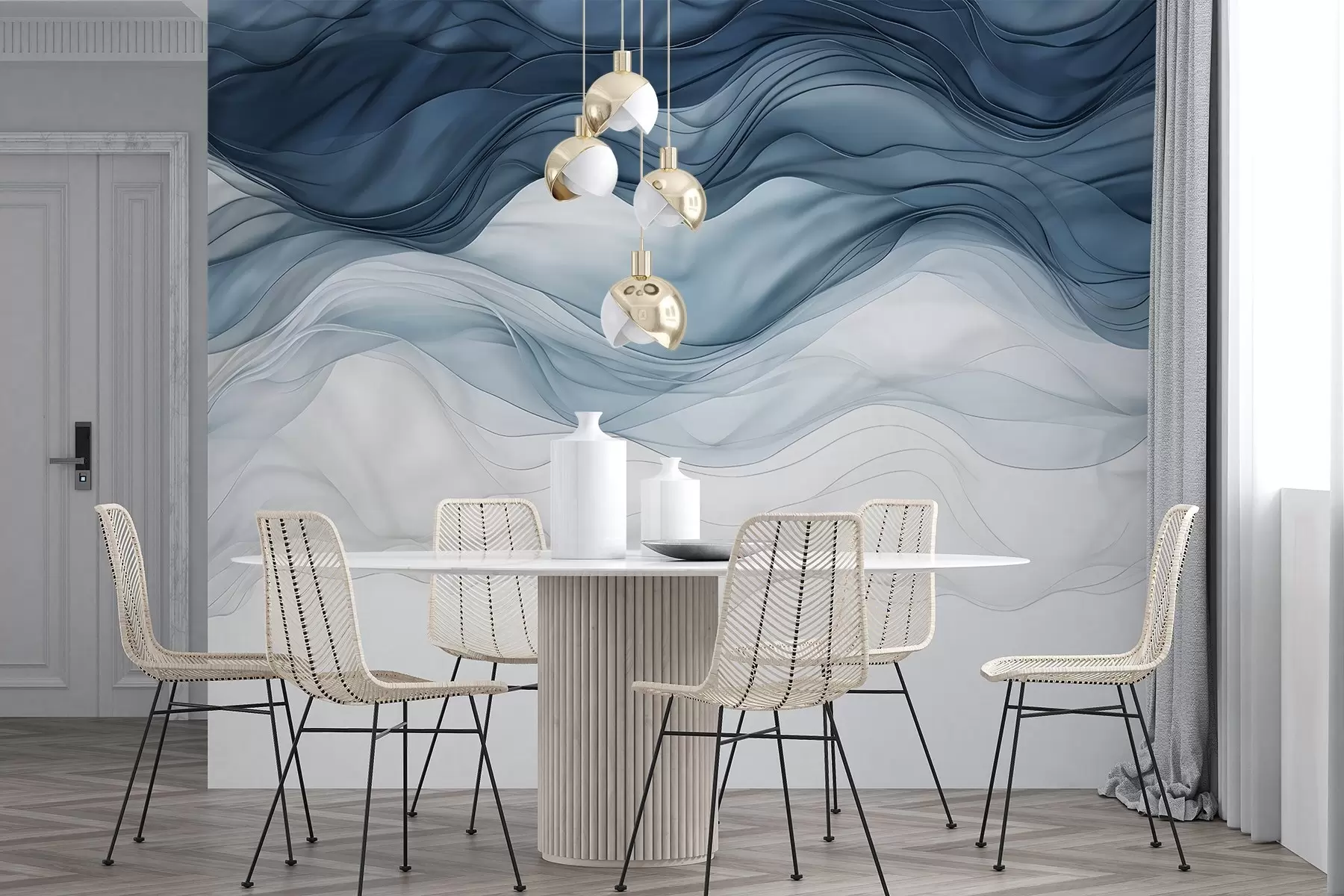 wall murals Текући таласи провидних текстура у нијансама тамно плаве, светлоплаве и беле на светлој позадини  w08775