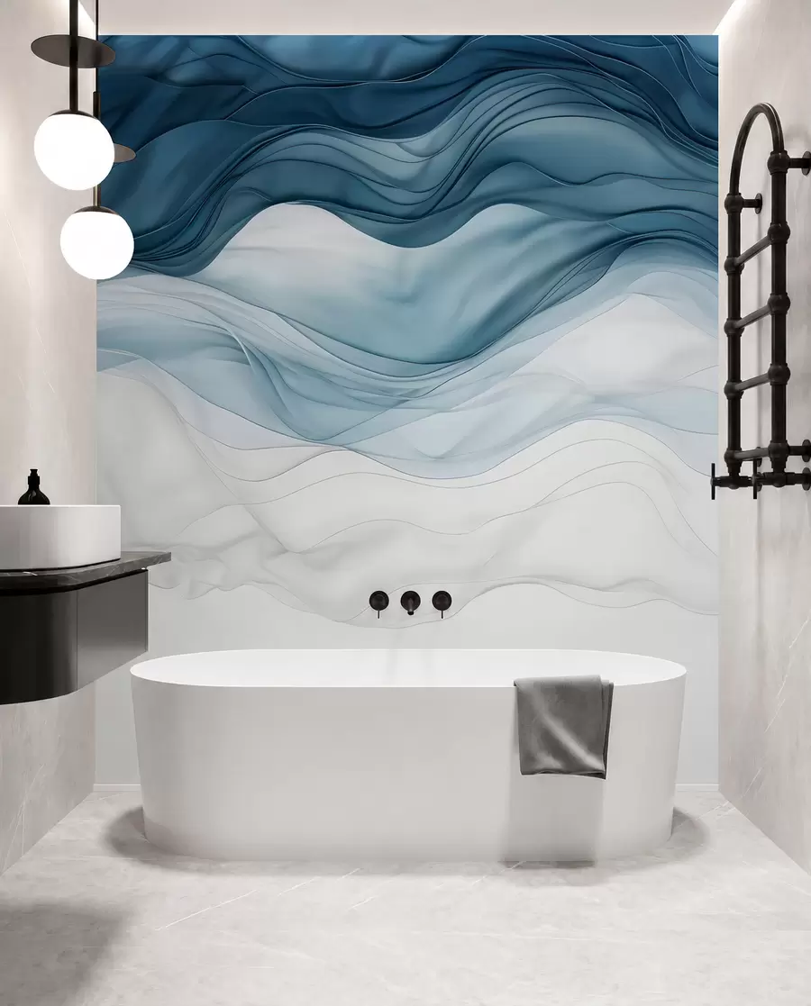 wall murals Текући таласи провидних текстура у нијансама тамно плаве, светлоплаве и беле на светлој позадини  w08775