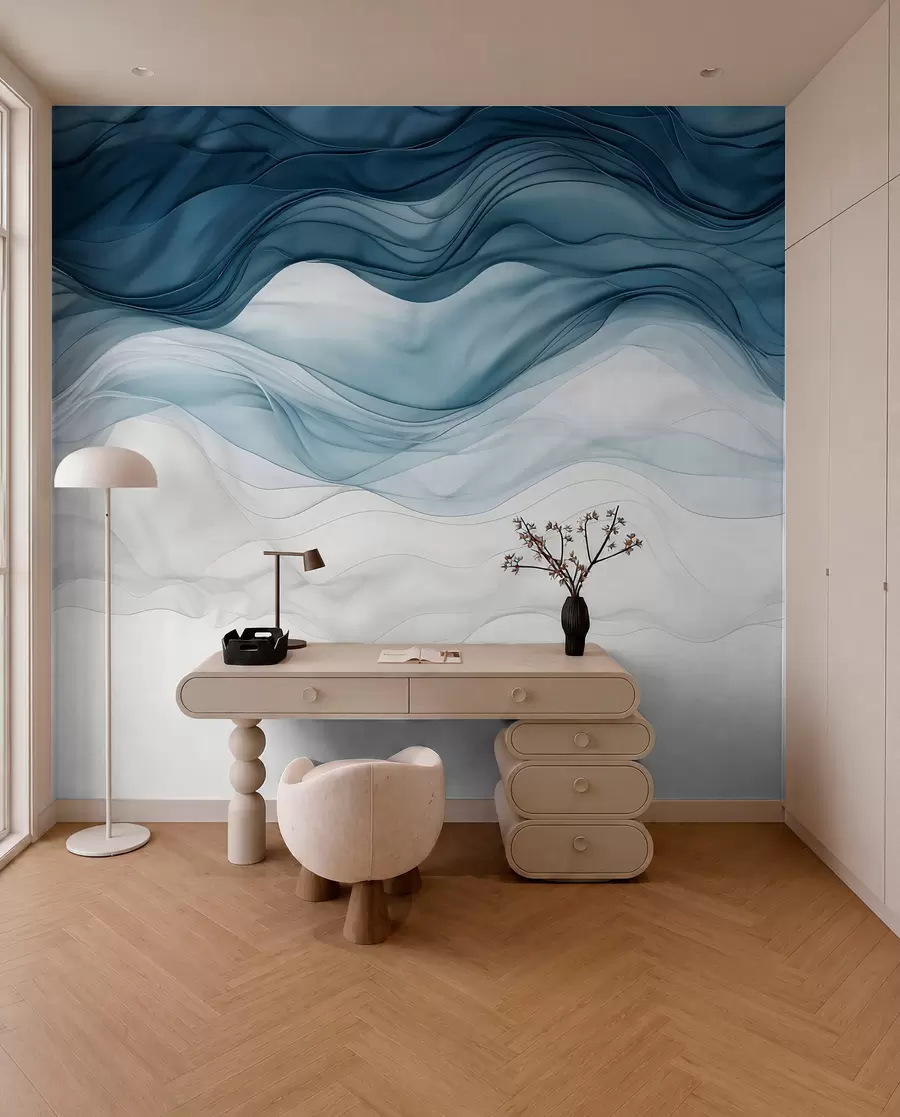 wall murals Текући таласи провидних текстура у нијансама тамно плаве, светлоплаве и беле на светлој позадини  w08775