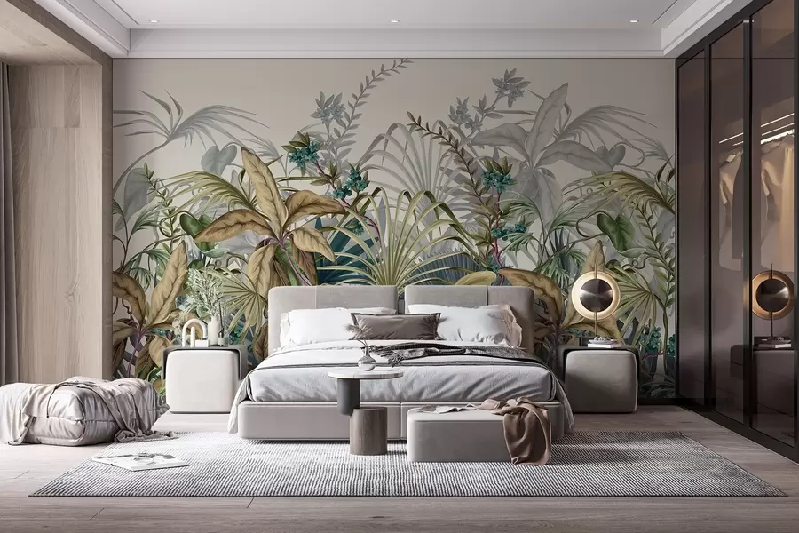 wall murals Аранжман разних тропских биљака са великим живим листовима, стварајући бујну сцену лишћа на светло беж  w08777v1