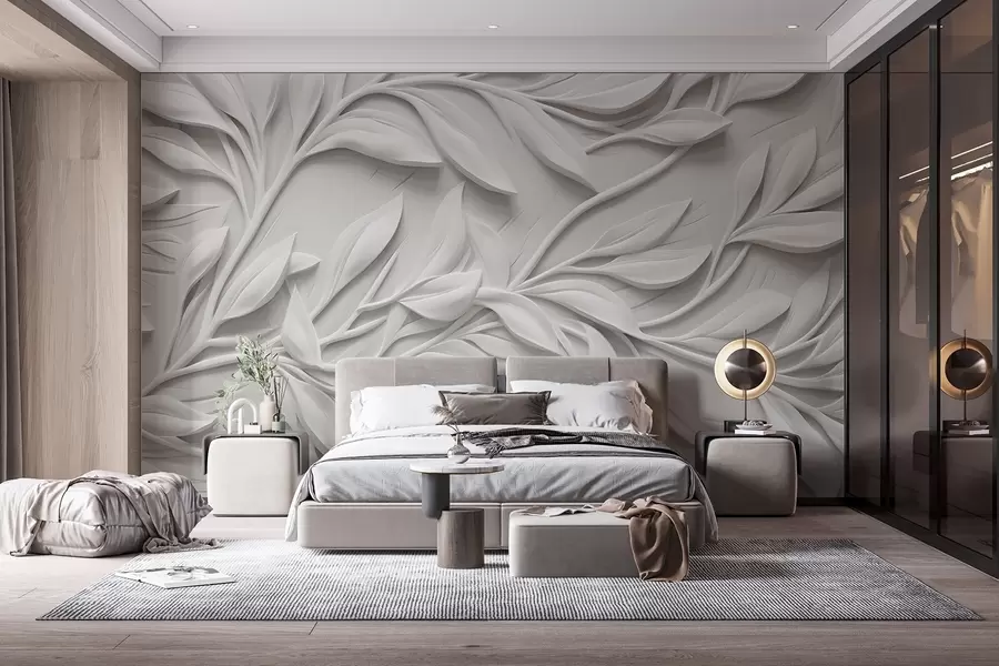 wall murals Бели текстурирани принт са листовима и гранама, стварајући обимни ефекат имитације на текстурираној позадини w08778