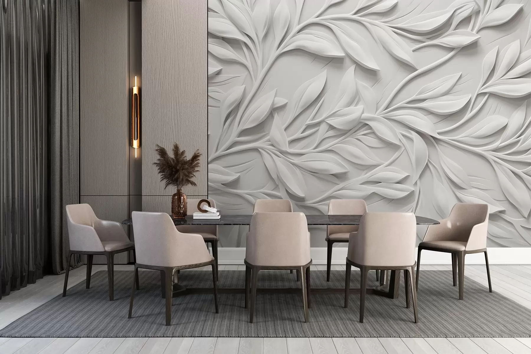 wall murals Бели текстурирани принт са листовима и гранама, стварајући обимни ефекат имитације на текстурираној позадини w08778