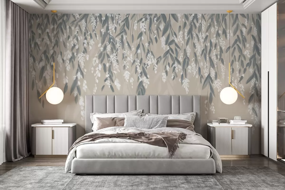 wall murals Каскадне гране лишћа у нијансама пригушене зелене са белим цветовима и листовима на беж позадини w08781